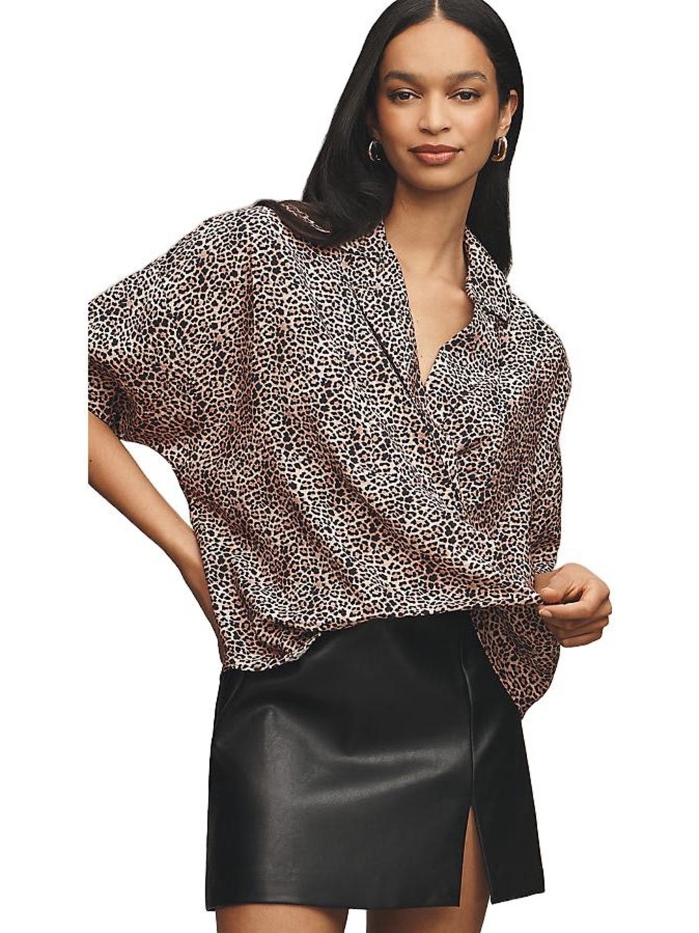 Anthropologie Leopard Print Draped Short-Sleeve Blouse - Taupe & Black